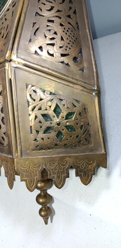 Vintage marokkanische türkische durchbohrte Messing und Glas Eckkerze Laterne Lampe - Bild 9 von 21