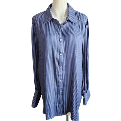 Free People Womens Sz XL Blue Serena Silky Striped Button Cuff Button Blouse