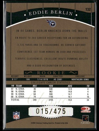 2001 Donruss Classics #132 Eddie Berlin #/475 - Picture 2 of 2