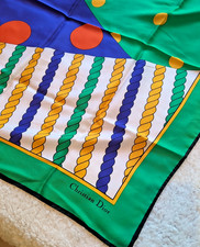 Vintage CHRISTIAN DIOR Silk Scarf Geometric 34 x33 Red Green Blue Dots Ropes