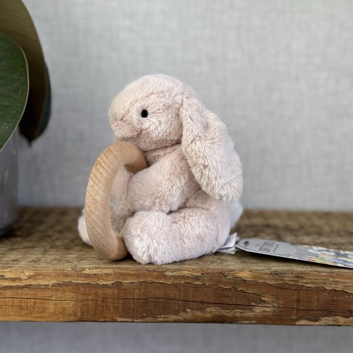 Jellycat Shooshu Bunny Beige Teething Ring - Smudge Bunny Teether Toy Rattle 5" - Picture 5 of 10