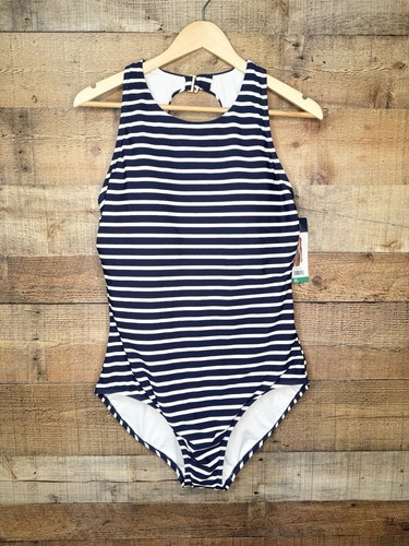 Modest Bathing Suit LANDS’ END One-piece Swimsuit High Neck Striped XL - Picture 1 of 6