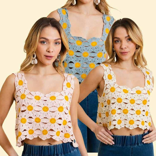Süßes Boho Gänseblümchen Häkel Crop Camisole Overlay Top weiß gelb M/L - Bild 3 von 3