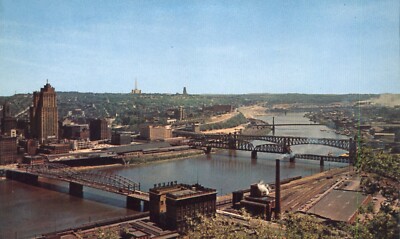 Aerial View Pittsburgh Skyline & Network Bridges Pennsylvania 1955 Postcard