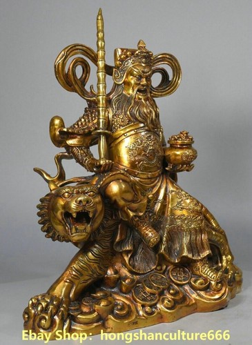 Statua tigre 13" vecchia Cina bronzo dorato denaro ricchezza Zhao Gongming dio Mammona cavalcata - Foto 4 di 9