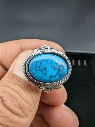 UNCAS silberfarbener türkisfarbener Ring Größe 5 Cabochon Set im geflochtenen Design Vintage - Bild 3 von 6