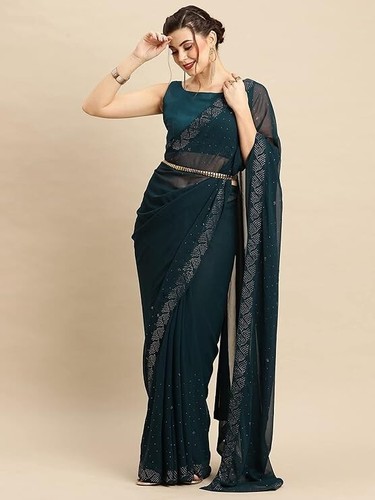 Wedding Party Fest Wear Women's Georgette Lace Work Embellished Designer Saree - Picture 11 of 33