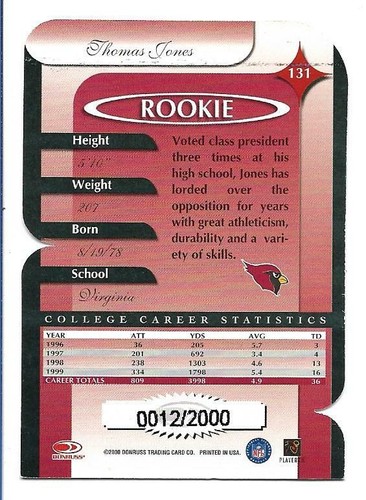 Thomas Jones 2000 Donruss Elite Die Cut Rookie #131 #0012/2000 Arizona Cardinals - Imagen 2 de 2