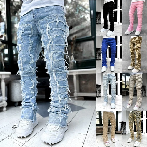 Mens Skinny Ripped Jeans Stretch Denim Distressed Frayed Slim Fit Pants Trousers