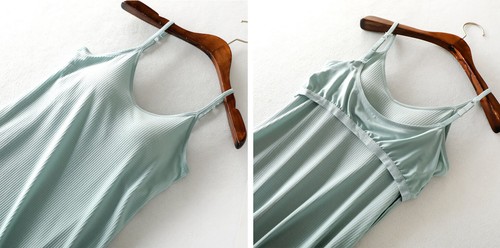 Gerippter dehnbarer integrierter BH ohne Bügel Cami Slip Kleid Nacht Lounge Nachtwäsche - Bild 8 von 31