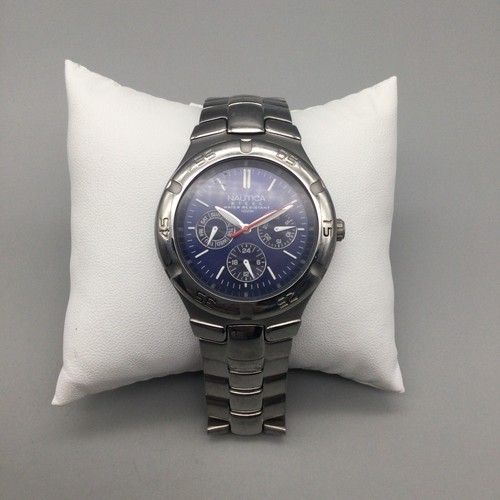 Vintage Nautica Steel Watch Men 39mm Silver Tone Blue Day Date New Battery 8" - Picture 2 of 12