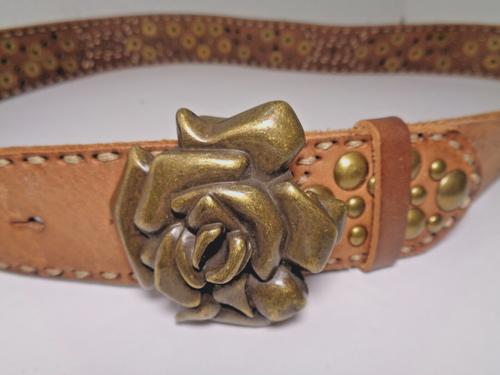 Vintage Nieten Gürtel Braun Leder Gunmetal Blumen Schnalle Damen L (37-39") - Bild 7 von 12