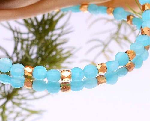 Bracciale donna ottone regolabile pietra preziosa tonda sfaccettata acquamarina blu 3 mm - Foto 3 di 4