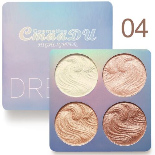 4 Colours Baked Highlighter Bronzer Contour Palette n Fan Blending Makeup Brush - Picture 7 of 12