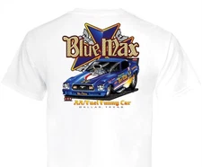 Blue MAX Mustang AA/FC (151) MENS White T-SHIRT 100% COTTON.  DRAG RACE  NHRA