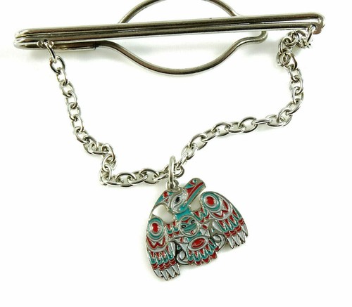 Mens Tie Chain Raven Northwest Tribal Art Bird Joe Wilson Enamel Pendant - Picture 3 of 4