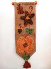 Vintage Retro Latch Hook Shag Rug Burlap Wall Hanging w Large Flowers Butterfly