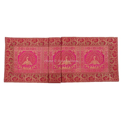Decorative Peacock Table Runner Wedding Indian Magenta Brocade Linen Tablecloth - Picture 4 of 5