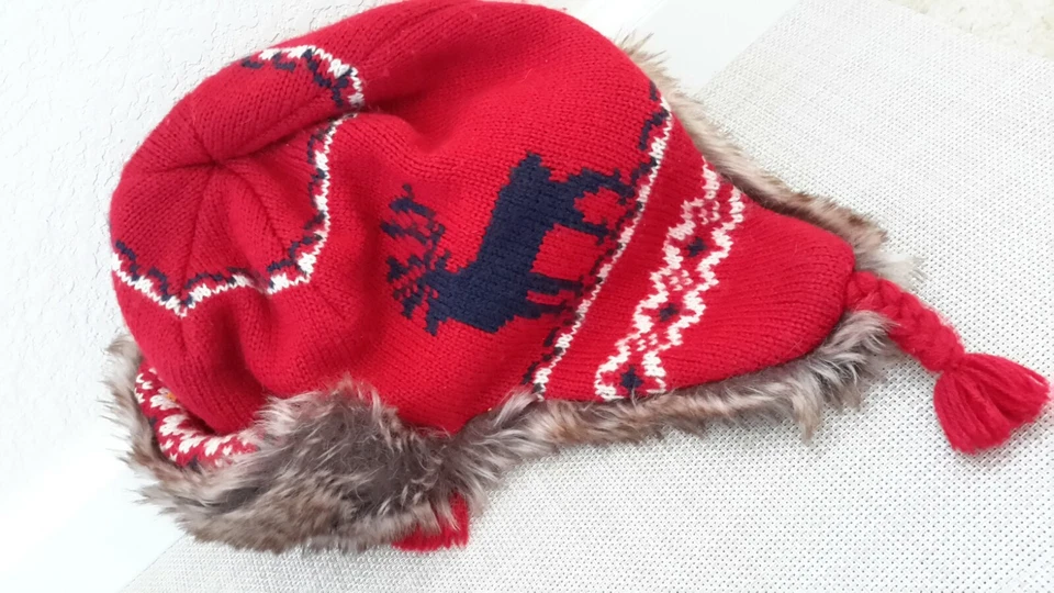 Baby Gap Trapper Hat Christmas Pattern Red/Navy Faux Fur Lined Size S/M EUC - Image 2 of 4