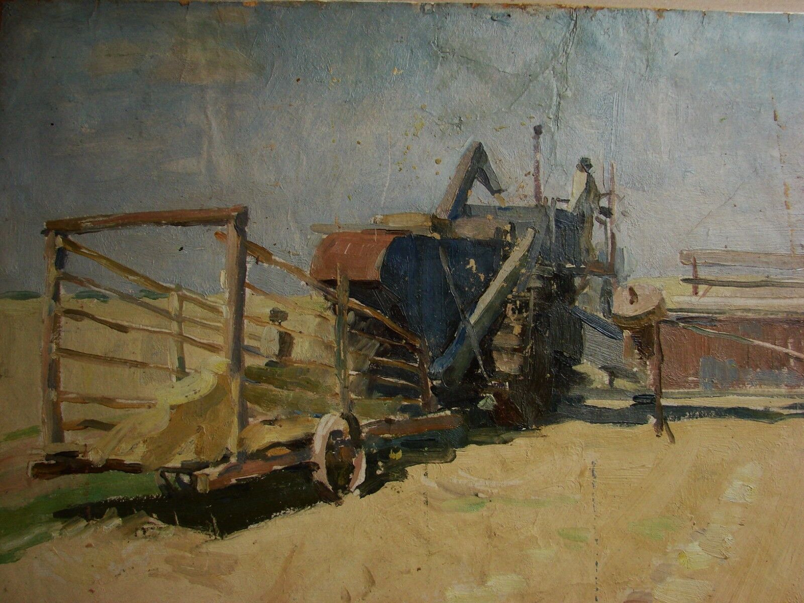 Peinture à l'huile soviétique ukrainienne paysage réalisme moissonneuse-batteuse champ de maïs années 50 - Photo 2 sur 5