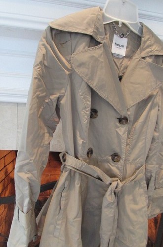 BEBE LT Camel Double Breasted Belted Lightweight Ruffled French/Trench Coat Sz S - Picture 4 of 12