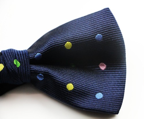 Mens Navy With Coloured Polka Dots Patterned Bow Tie - Picture 3 of 4