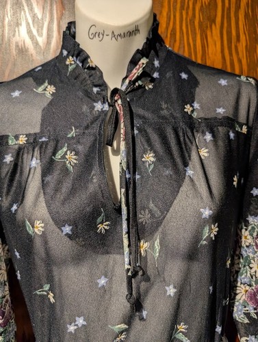 DAMAGED vintage 70s mesh peplum dress beach cover flowers black midi s M L 6H - Picture 4 of 12