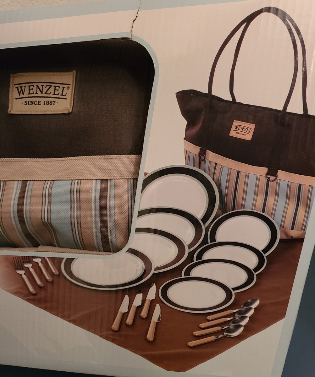 Wenzel Picnic Set Insulated Tote Bag, Brown & Blue w/ Serving for