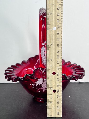 Fenton Art Glass Hand Painted Cranberry Red Christmas Holly Textured Basket Vase - Picture 7 of 8