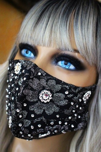 Stoffmaske Mund Nasen Schutz Maske Behelfsmaske Glitzer Strass schwarz Filter - Bild 9 von 10