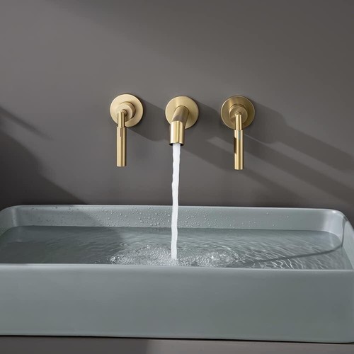 Brushed Gold Bathroom Faucet Wall Mount for Bathroom Sink 2 Handle - NEW - Picture 2 of 9