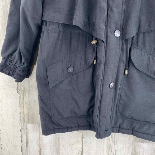 Vintage 80s Gallery Coat Womens Medium Black Rayon Blend Raccoon Fur Trim Hood - Picture 5 of 10