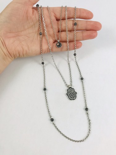 Lucky Brand Hamsa Black Crystal Fireball Layered Necklace Triple Chain - Picture 5 of 11