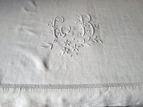 N25 Ancien drap en lin brodé monogramme CB & jour 208x318cm 1900 Old linen sheet - Imagen 2 de 15