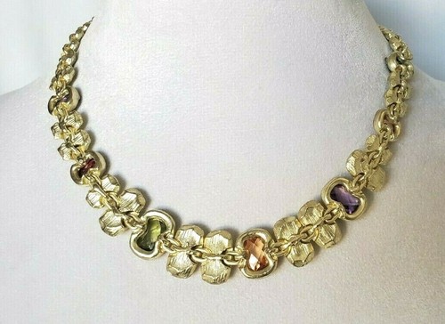 Fashion Gold Tone Brushed High Quality Multi Color Crystal Link Necklace - Picture 6 of 7