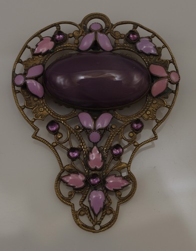 NEIGER BROS CZECHOSLOVAKIA GLASS CABOCHON AND ENAMEL LARGE BROOCH SASH PIN - Picture 4 of 8