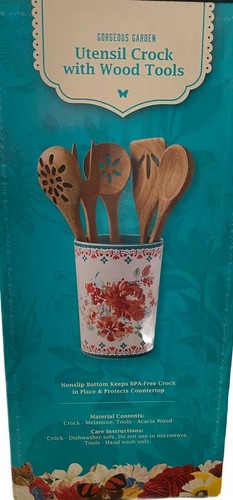 Preciosa vasija para utensilios de jardín Pioneer Woman de 6 piezas con 5 herramientas de madera - Imagen 2 de 4