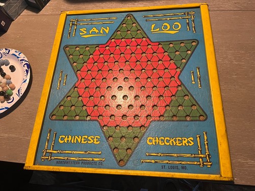 Vintage San Loo Chinesisches Dame Spielbrett mit Murmeln St Louis Northwestern Prod
