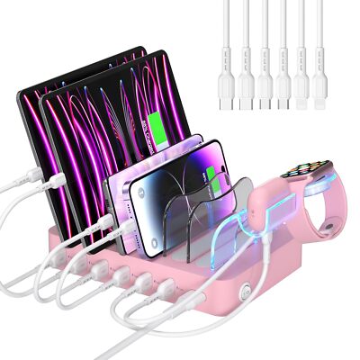 Premium 6-Port USB Charging Station Organizer for Multiple Devices 6 Short Ch...