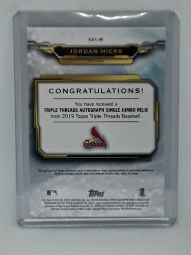 Jordan Hicks 2019 Topps Triple Threads Amethyst PATCH AUTO (13/75) STL Cardinals - Picture 2 of 2