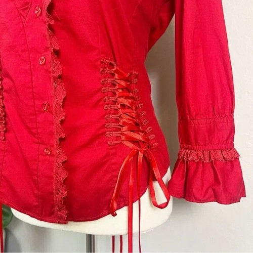 SCULLY Women's Size S Red Marion Ruffle Button-Up Blouse Lace Ribbon Western - Picture 6 of 12