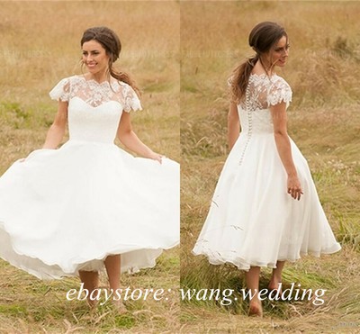 Tea Length Country Style Wedding Dress A Line Lace Summer Beach