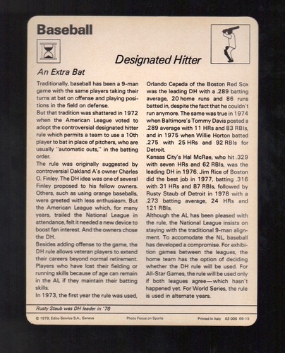 Tarjeta de béisbol Sportscaster 1979 DH Rusty Staub 66-15 Italia casi nueva - Imagen 2 de 2