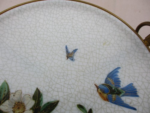 ANTIQUE FRENCH CHARLES X OPALINE BRASS MOUNTED SWALLOW & APPLE BLOSSOM DISH BOWL - Picture 7 of 12