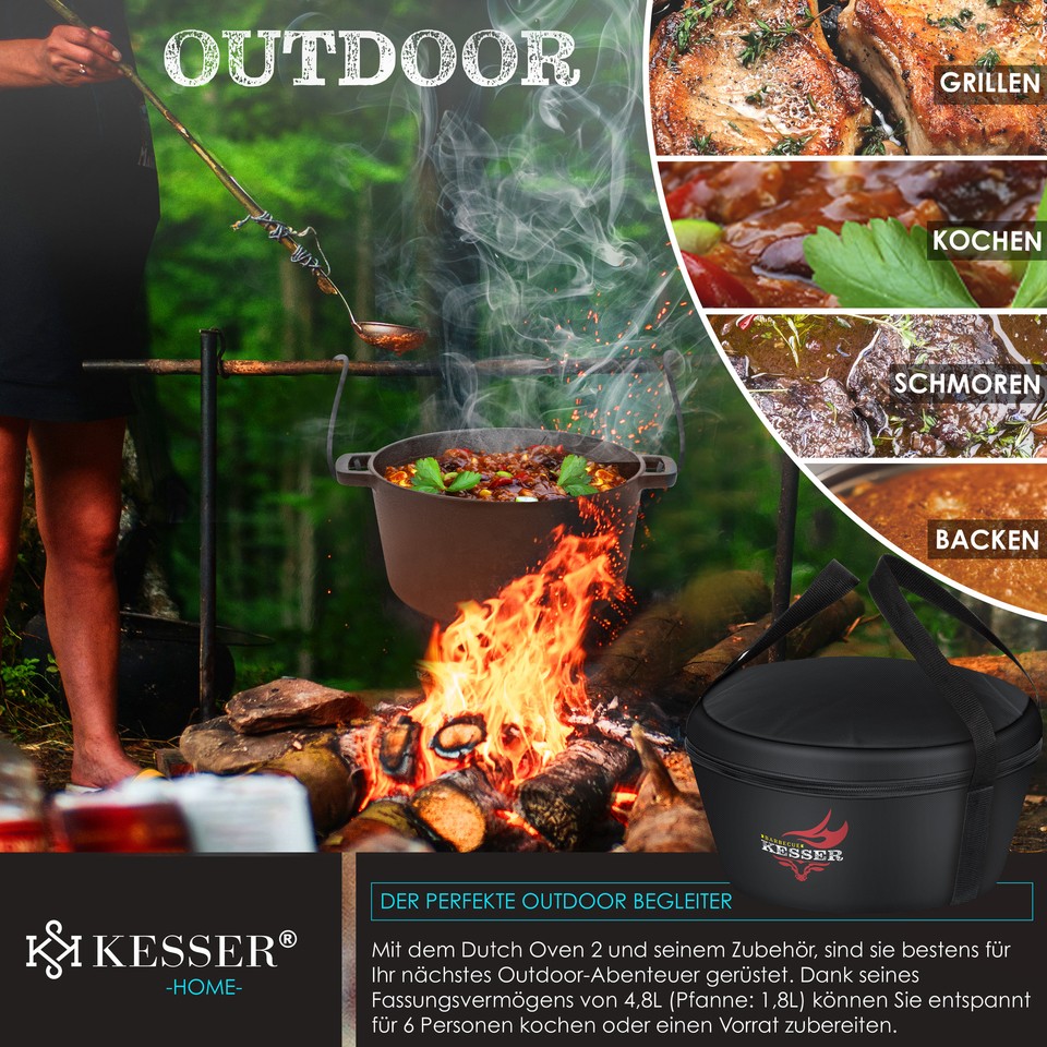 KESSER® Dutch Oven set, BBQ vuurpan, 4,2 liter, stoofpan met poten, gietijzeren pan met deksellifter hengsel en gleuf voor themormeter, kookketel, grillpan, goulashketel voor buiten en binnen