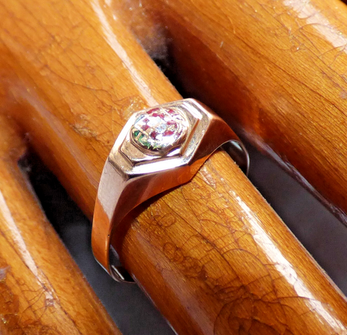 ANTIQUE 19CT GOLD PORTUGUESE SIGNET RING UK N ENAMELLED FLAG 800 GOLD PINKY RING - Picture 2 of 8