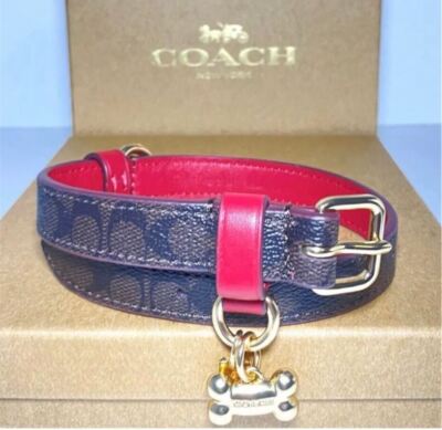Coach Large Dog Collar Gold/Red/Mahogany Brown Signature C New In Box