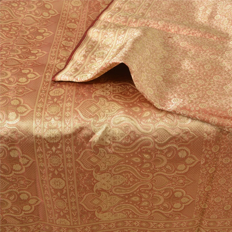 Tela de saris brocado tejido Banarasi rosa satinado sari indio vintage sánscrito Foto 2 de 4