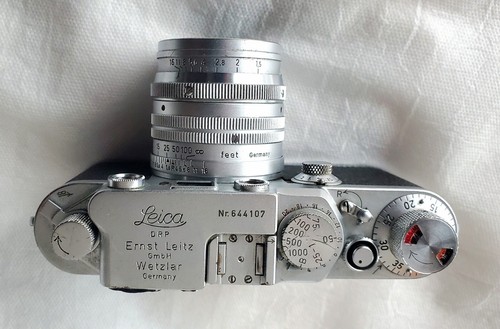 Cámara fotográfica vintage Leica esfera roja IIIf 35 mm con lente de resumen de 50 mm y original Estuche - Imagen 2 de 18