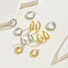 14K Gold Plated Stainless Steel Hoop Round Earrings Women Twisted Silver E26